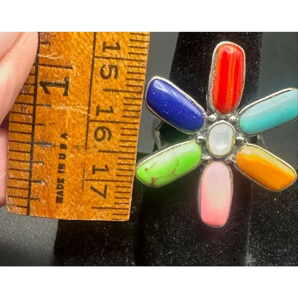 Signed SX Thailand 925 Sterling Silver Multicolor Gemstone Flower ring